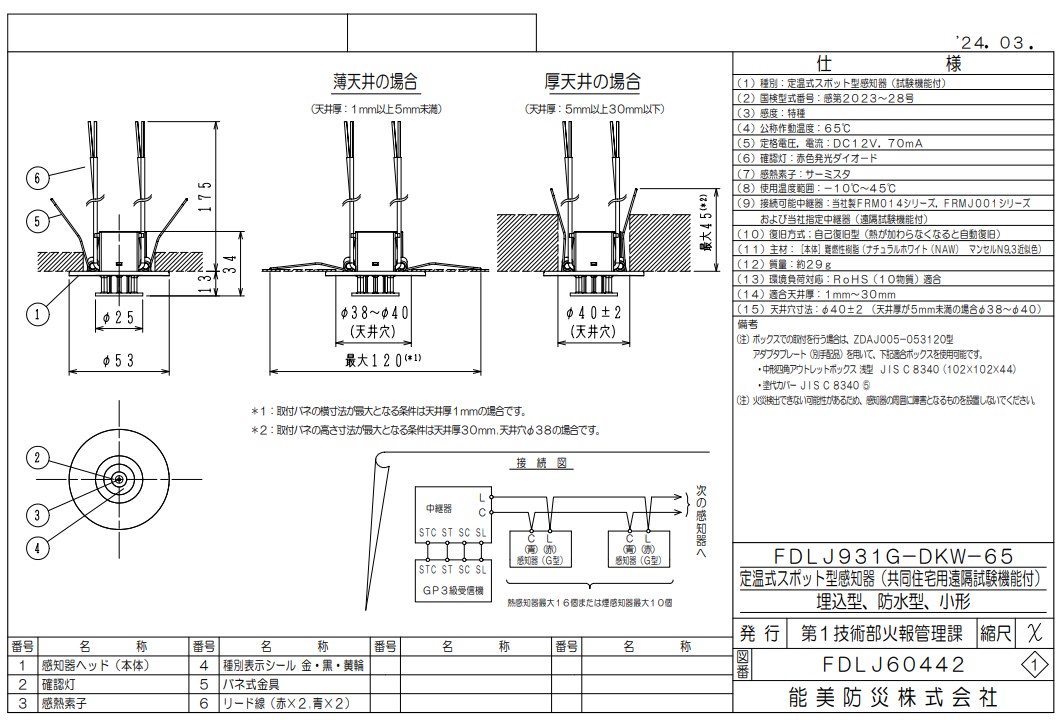 FDLJ931G-DKW-65 能美防災 定温式スポット型熱感知器 特殊 露出型 遠隔試験機能付 防水型 小形 本体ベース一体型