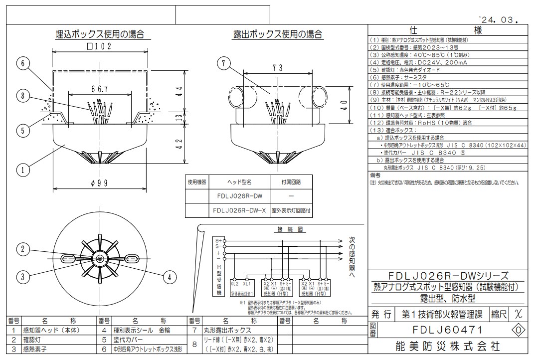 FDLJ026R-DW 能美防災 熱アナログ式スポット型熱感知器 試験機能付 防水型 ヘッドのみボックス別