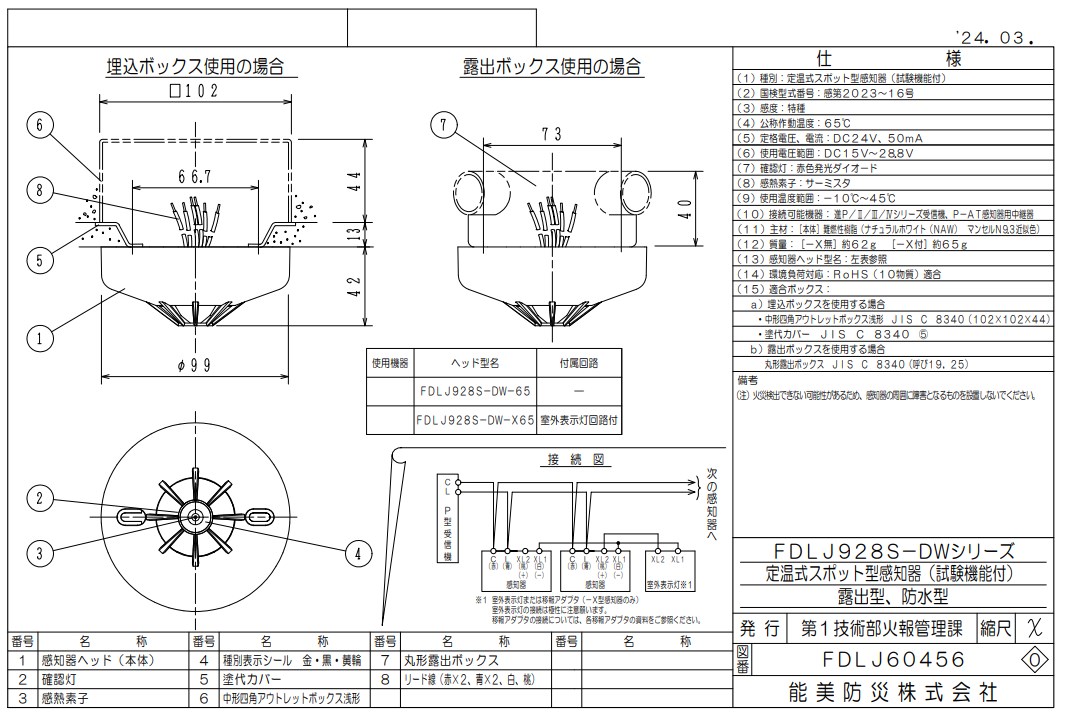 FDLJ928S-DW-65 能美防災 定温スポット型熱感知器 特殊 露出型 P-AT自動試験機能付 室外表示灯回路付 本体ベース一体