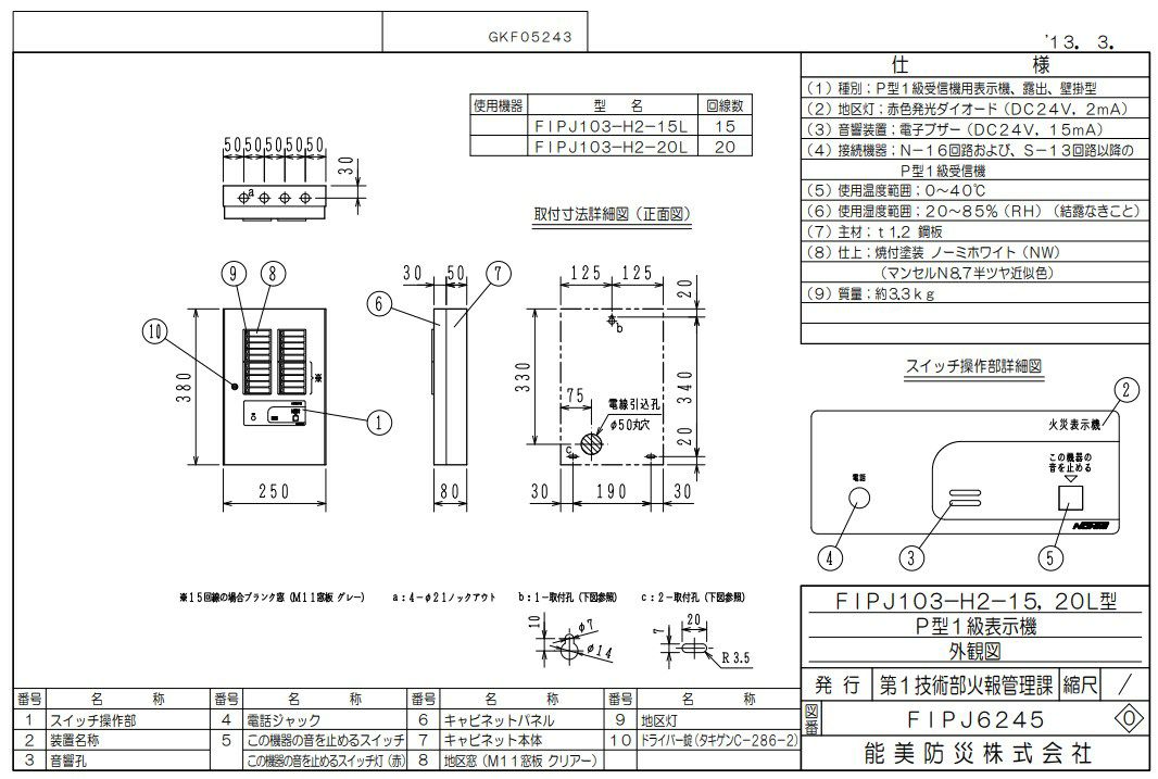 FIPJ103-H2-20L 能美防災 表示機  Ｐ型１級  ２０回線  壁掛型