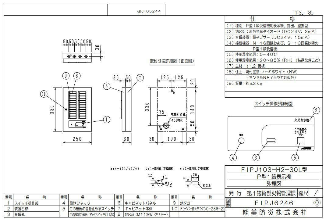 FIPJ103-H2-30L 能美防災 表示機  Ｐ型１級  ３０回線  壁掛型